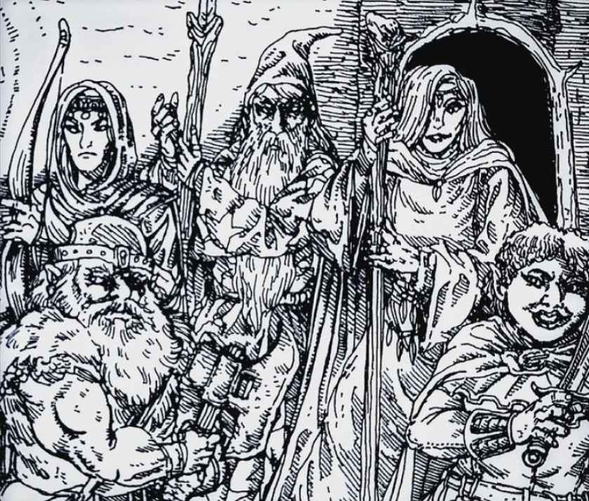 A party of five adventurers: a dwarf, a wizard, a halfling, and two elves