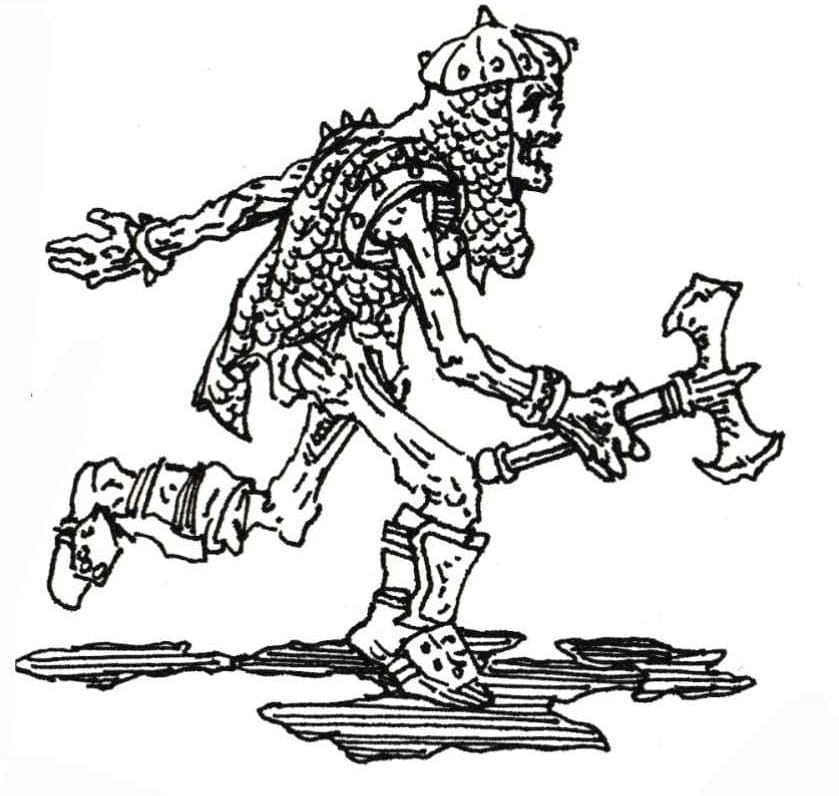 A walking humanoid skeleton wielding an axe and clad in mail and a helmet