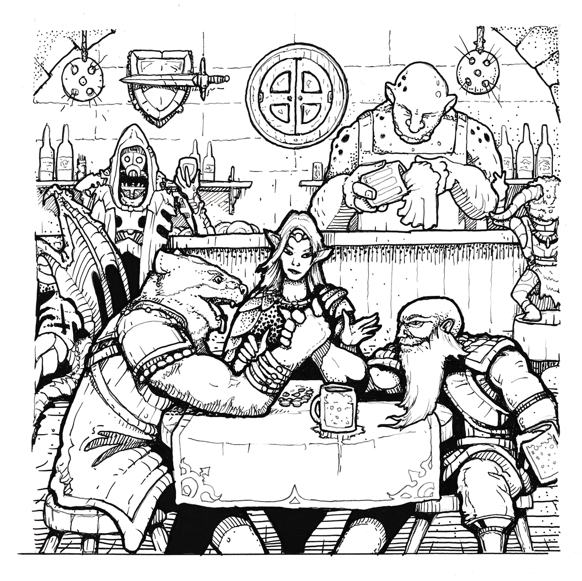 A tavern scene: a dwarf man arm wrestles a beast man. An elven woman watches, and a tusked humanoid works behind the bar